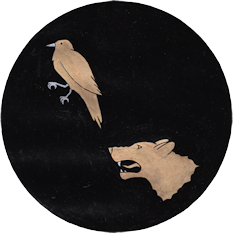 House Ravenwolf logo displaying a textured black circle with a gold raven rampant in the upper left and a gold wolf head in the lower right. The raven is standing with one leg raised. The wolf head is mouth open in a snarl. Both animals  face left.